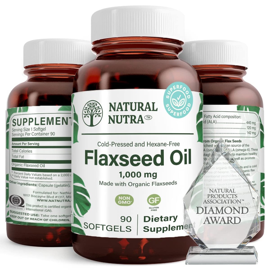 טבעי Nutra אורגני Flaxseed שמן Softgels, מקדם צמיחת שיער, עזרה לירידה במשקל, עוזר Boost Immune System, מקדם מערכת העצבים בריאה וצמיחה שיער, אומגה 3 6 9, 1000 מ"ג, 90 Softgels