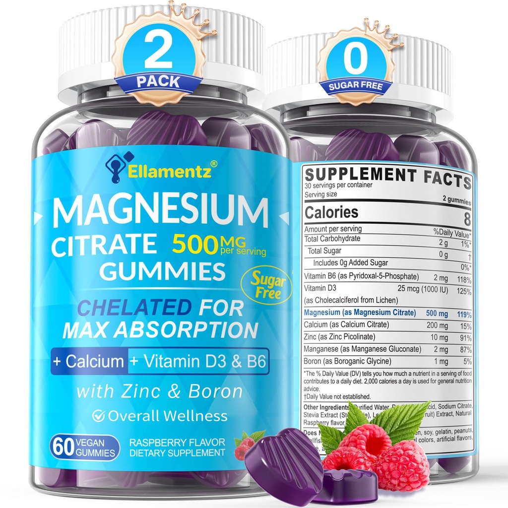 Magnesium Citrate Gummies 500 מ"ג עבור נשים גברים סוכר חינם, Magnesium Citrate for Constipation | Chelated Magnesium Gummies with B6 עבור Mood, Calm |Calcium Magnesium Magnesium Zinc 3 עבור העצם & שריר