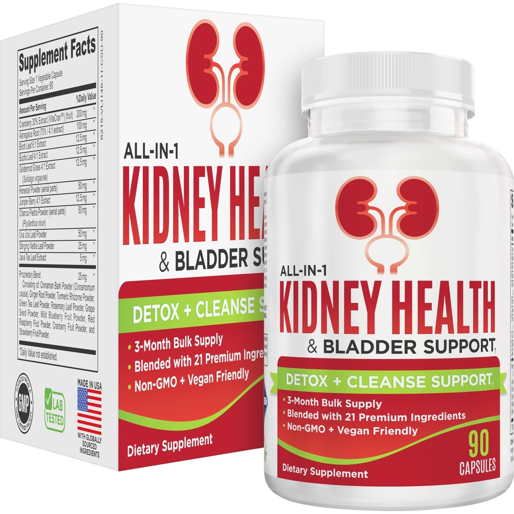 Kidney & Bladder (3-Month) בריאות תמיכה תוספי מזון | All-in-1 Urinary Tracts עם 21 Active Ingredients