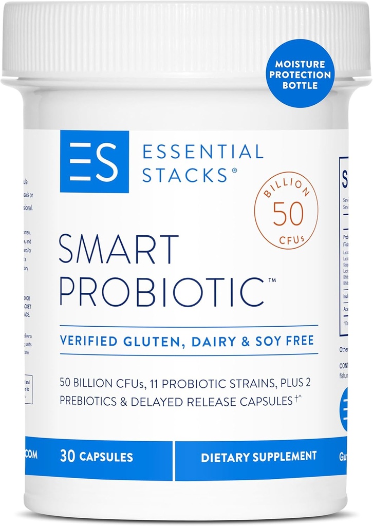 Essential Stacks Smart Probiotic - 50 מיליארד CFUs, 11 Probiotic Strains, 2 Prebiotics, נדחה קפסולות שחרור - A Daily Probiotic Prebiotic for Women & Men (30 קפסולות)