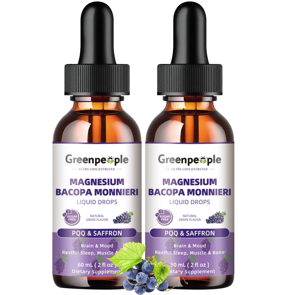 GREENPEOPLE Magnesium Glycinate נוזל טיפות - 1000 מ"ג 5-in-1 גבוה Absorption נוזל Magnesium for Sleep with D3/K2/B6 | Fast-Acting,עצמות ושינה | Sugar-Free Grape Flavor, 2fl Oz 2 Pack