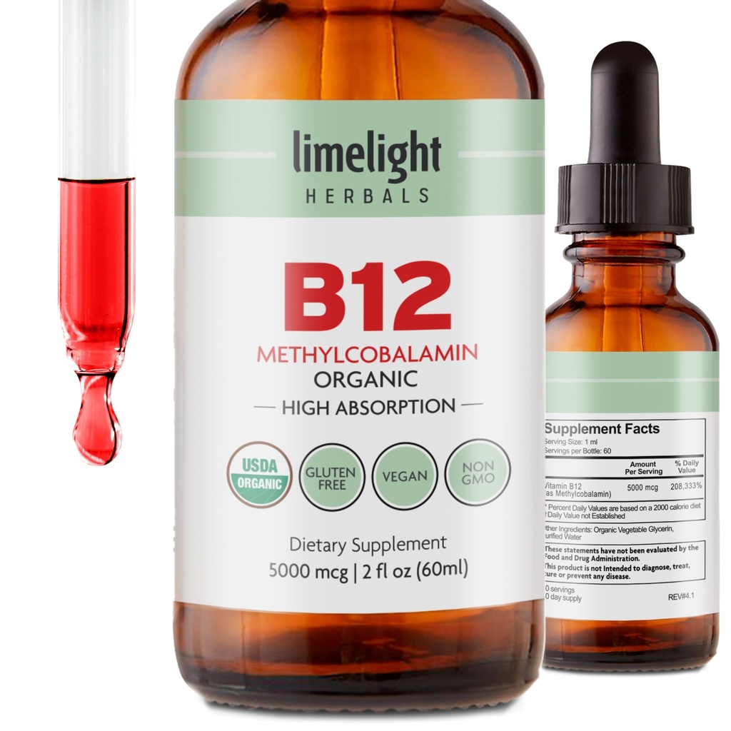 USDA אורגני ויטמין B12 טיפות נוזלי - 5000 mcg Methyleobalamin - Sublingual, Fast-Absorbing טבעוני תוספת - אנרגיה, מטאבוליזם, המוח, הלב ותמיכה - אלכוהול חינם, 60 משרתות, ארה"ב Made Made