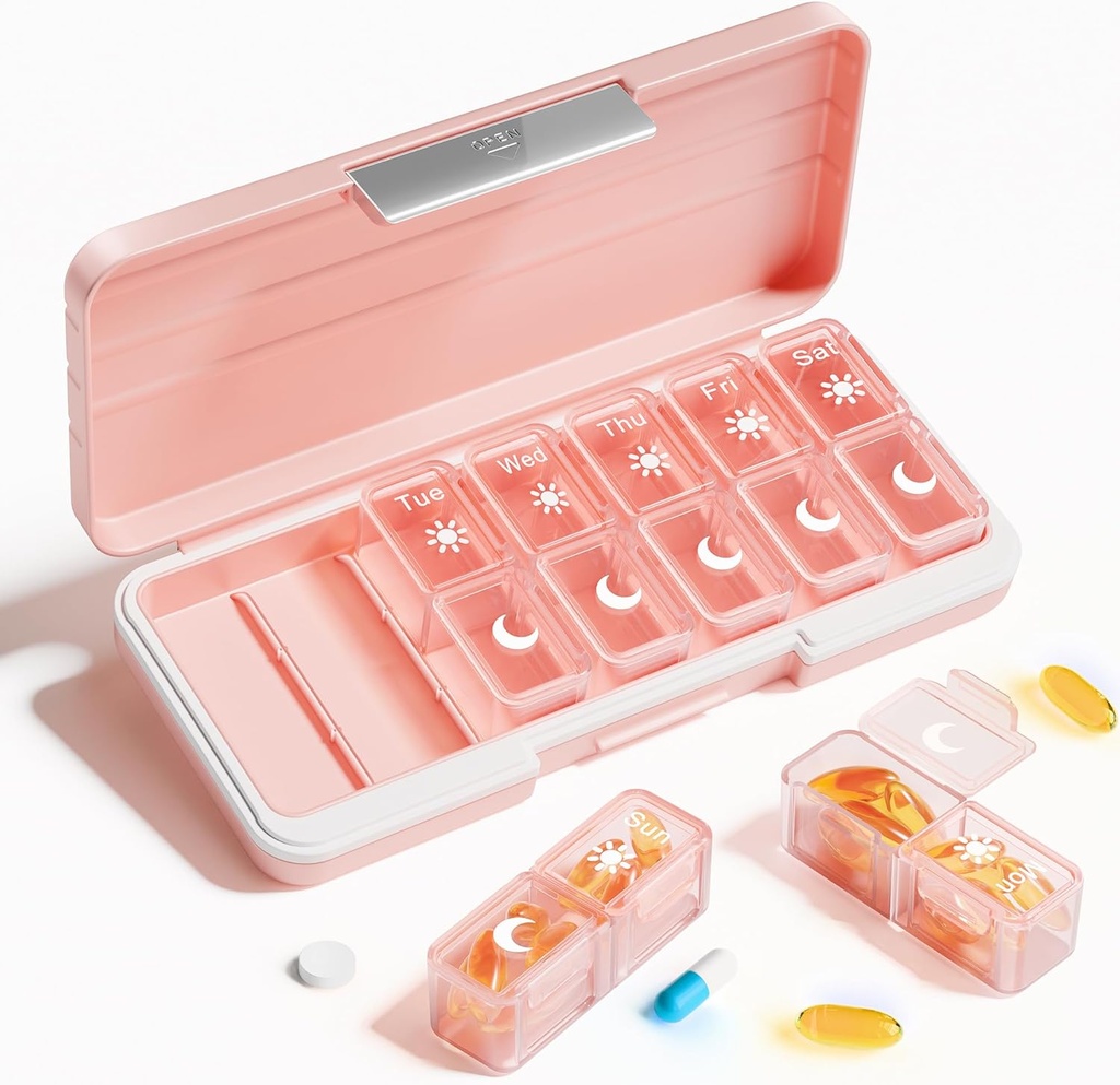 Betife AM PM Pill מארגנת 2 פעמים ביום, 7 יום גלולות Box Weekly Pill מארגנת נסיעות עם Container בנפרד, Portable Daily Medicine Planner Dispenser Case עבור ויטמין, שמן דגים, תוספי מזון,