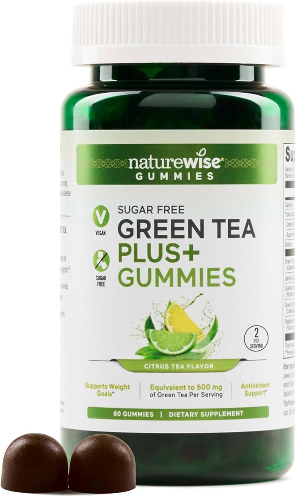 NatureWise Green Tea Gummies - Keto, סוכר חינם - תמיכה מטרות כושר עבור נשים וגברים - 500 מ"ג תה ירוק + Raspberry Ketones, Garcinia Cambogia - טבעוני, No Gluten - 60 Count[1-Month אספקת]