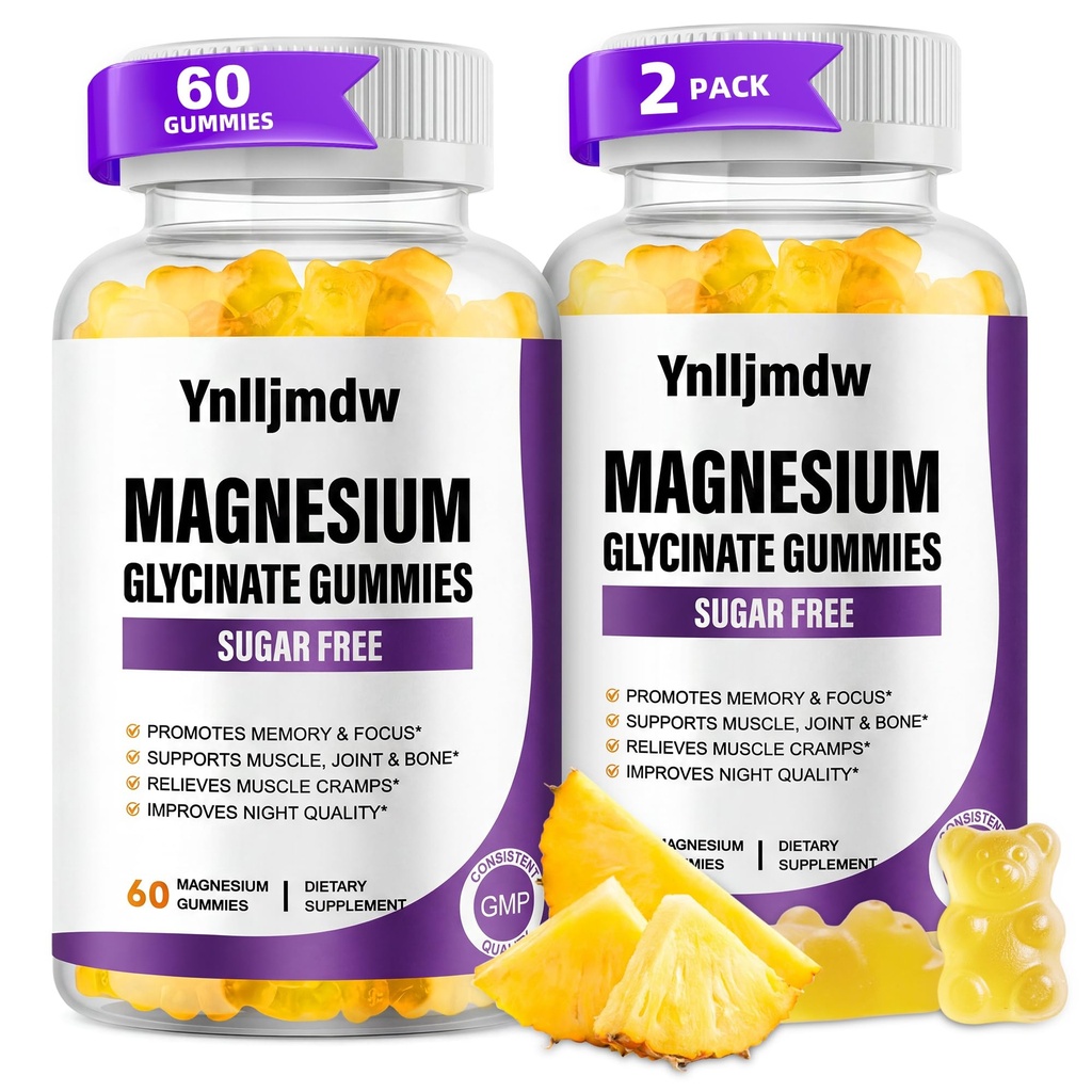 (2 Pack) Magnesium Glycinate חניכיים 500 מ"ג, High-Absorption Magnesium תוספת עם Calcium & ויטמינים, תמיכה העצם, שרירים, זיכרון ו Mood, טבעוני, non-GMO, 60 Counts, Pineapple Flavor