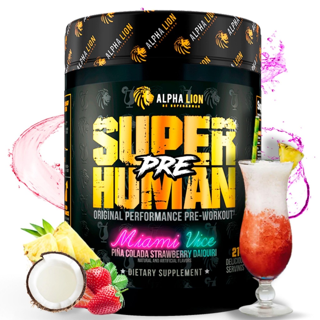 ALPHA LION Superhuman Pre Workout אבקה, Beta Alanine, L-Taurine & Tri-Source Caffeine for Sustained Energy & Focus, Nitric Oxide & Citrulline for Pump (21 משרתים, Miami Vice)