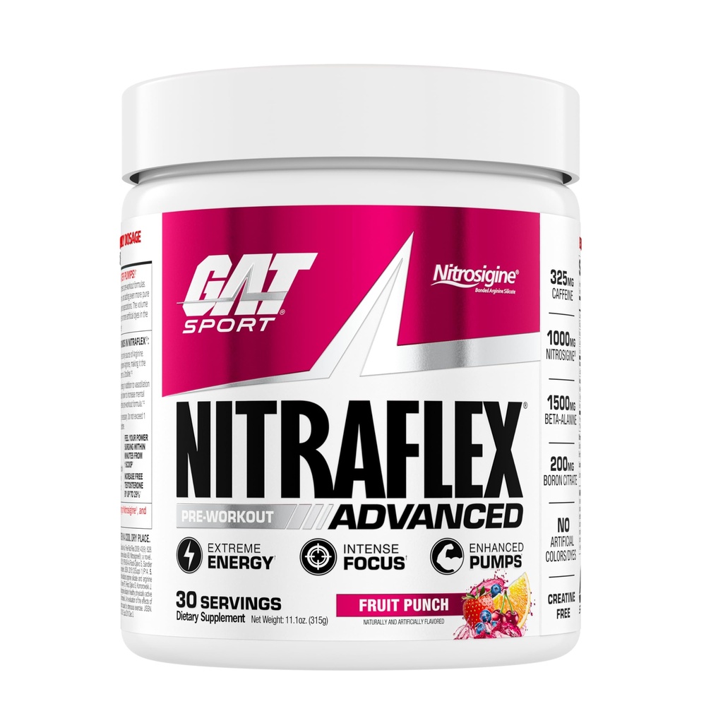 GAT SPORT Nitraflex Advanced Pre-Workout אבקת, מגביר את זרימת הדם, Boosts כוח ואנרגיה, משפר את ביצועי התרגילים, גברים ונשים (Fruit Punch, 30 משרתים)