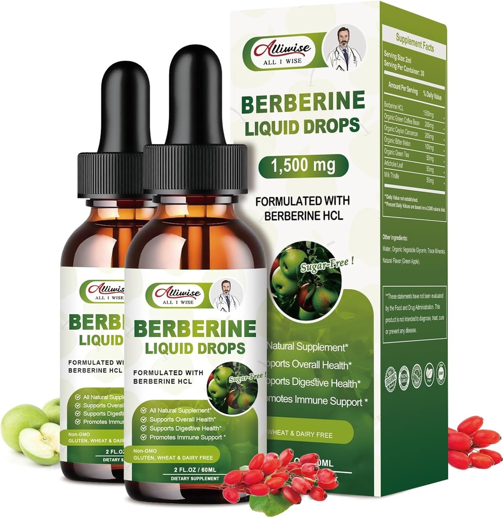2 Pack Berberine תוספת נוזל טיפות עבור Immune System & Digestive System תמיכה -Premium Berberine HCL 1500 מ"ג עם Ceylon Cinnamon -4 Fl Oz