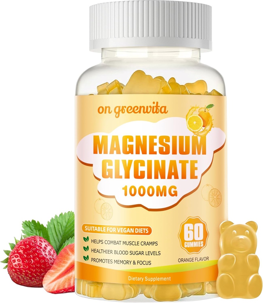 Magnesium Glycinate Gummies 1000 מ"ג - סוכר חינם Magnesium Potassium תוספת עם ויטמין D, B6, CoQ10 עבור Calm Mood & Sleep Support - 60 חניכיים כתום