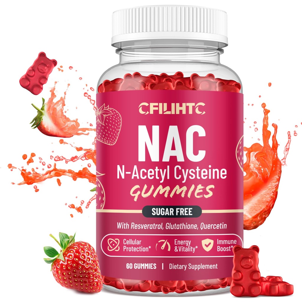 CFILIHTC NAC חניכיים 600 מ"ג, N Acetyl Cysteine תוספת עם Glutathione, Resveratrol, Magnesium, CoQ10, NAC Chewable for Antioxidants & Immune Support, Strawberry Flavor 60 מסטיקס