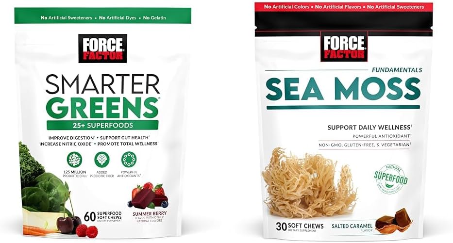 ראשי התיבות של FACTOR Greens Chews with 25+ Superfoods & Sea Mos Chews, 60 & 30 Count