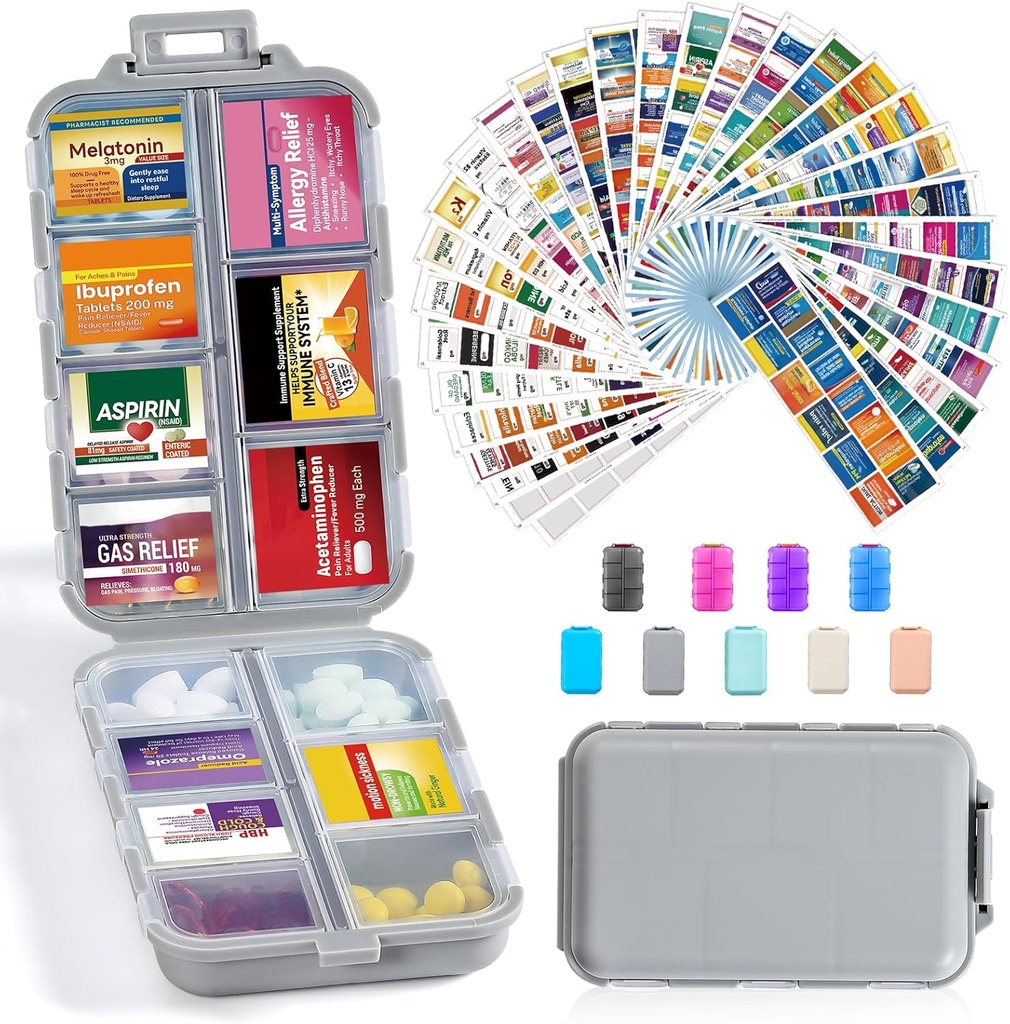 14 Grids Travel Pill Organer Box with 415-Pcs Medicine Name Labels - Pocket Daily Pharmacy Case Container - Travel Holder Dispenser Kit for Fish Oil Storage