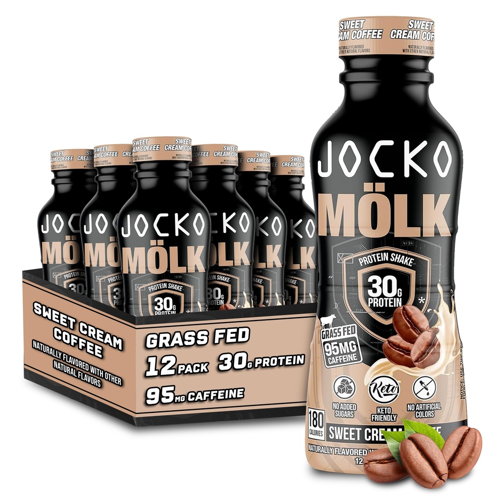 שמן Jocko דלק Mölk 30g Grass Fed Shakes - לא הוספת משקאות חלבון סוכר ידידותי KETO - מוכן לשתות 12 FL Oz (Pack של 12) Sweet Cream קפה