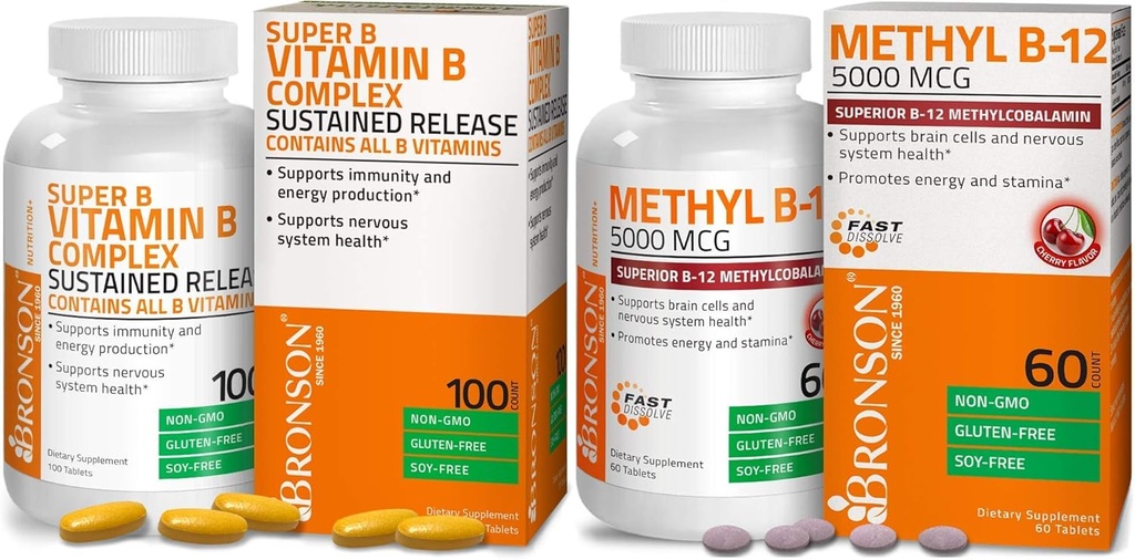 Bronson Methyl B12 5000 mcg ויטמין B12 Methylcobalamin Lozenges + Super B ויטמין B Complex Sustained Slow Release