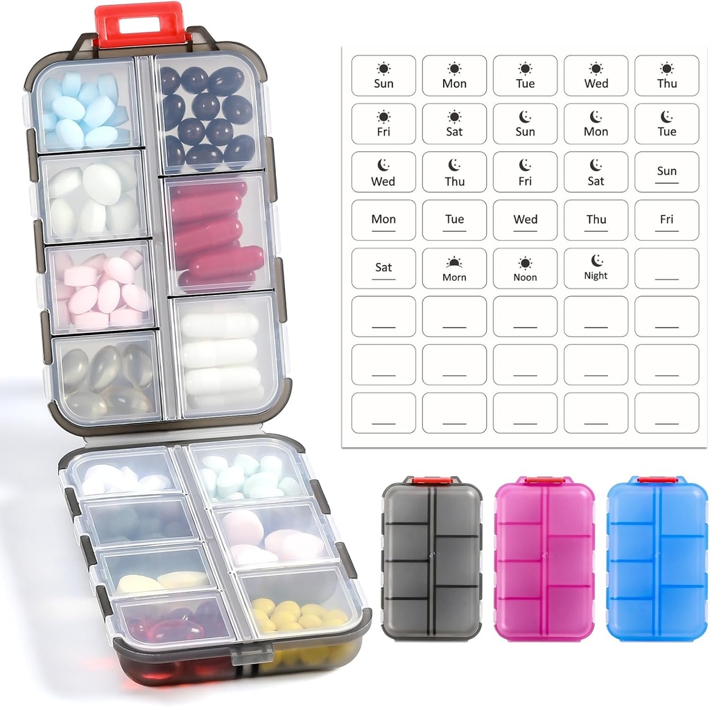 3 Pack 14 GRIDS Travel Pill Organer Box with Labels - Travel Medicine Case Kit - Pocket Daily Pharmacy Container - Travel Medicine Holder Dispenser for Fish Oil תוסף