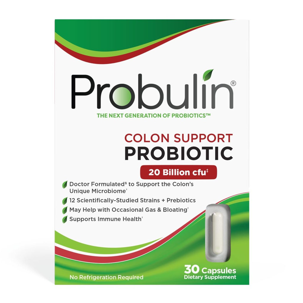 Probulin מושבת תמיכה יומית Probiotic + Prebiotic + תמיכה Gut Health, Occasional Gas ו Bloating - 20 מיליארד CFU - 12 סטרינס, 30 קפסולות טבעוניות