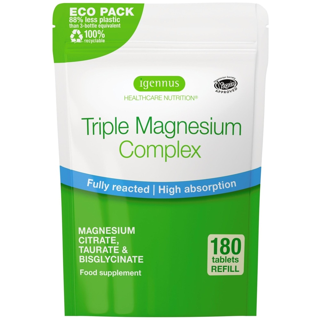 Igennus Superior Triple Magnesium Complex, Fully Reacted & Chelated Glycinate, Turate & Citrate, תווית נקייה, זמינות ביולוגית גבוהה ו- Absorption, 180 טבליות, טבעוני, לא Buffereded