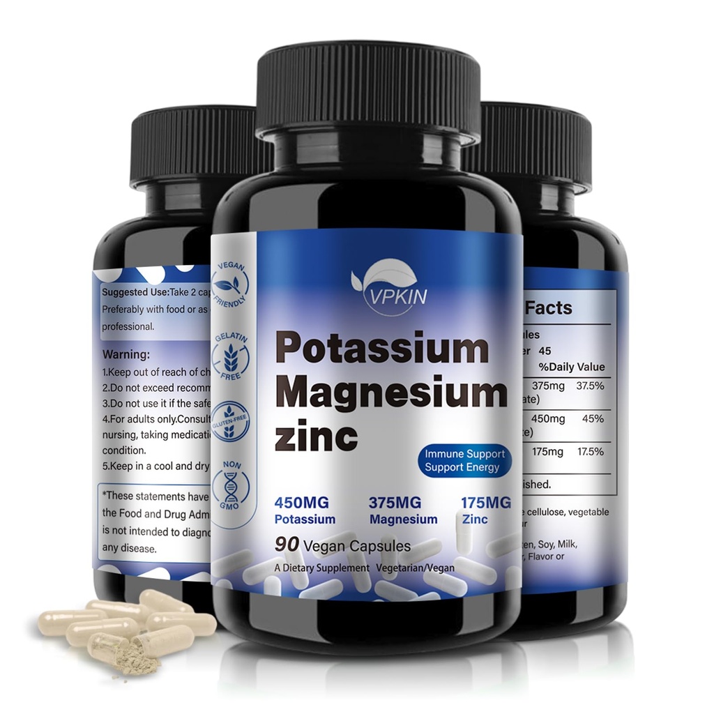 Potassium Magnesium תוסף 1000mg, High Absorption Magnesium Potassium Zinc Aspartate (90 קפסולות)