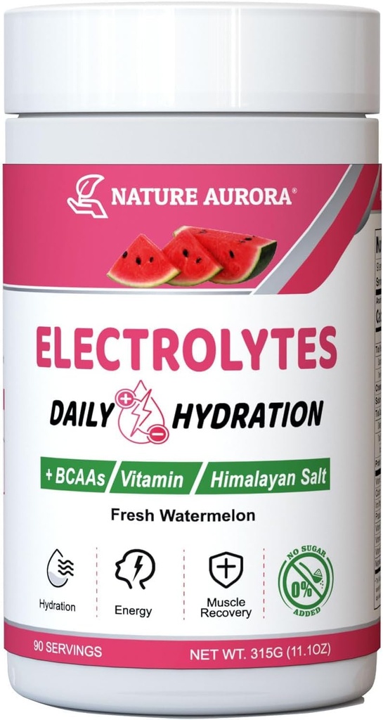 אבקת אלקטרוליטים No Sugar, Fresh Watermelon אלקטרוליטה אבקת, אבקת הידרה, משופרת עם מלח ההימלאיה, BCAAs, B-Vitamins, No Calories, Sugar Free Keto Electrolyte Drink - 90 משרתות