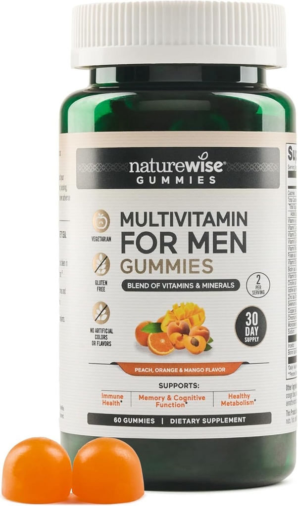NatureWise Multivitamin for Men, Gummies Peach מנגו פלפור, עבור Immune בריאות עם מינרלים ויטמין A, C, D, E, B6 ו B12, Vegetarian, Soy-Free, non-GMO, 60 Count[1-מונטה אספקה]