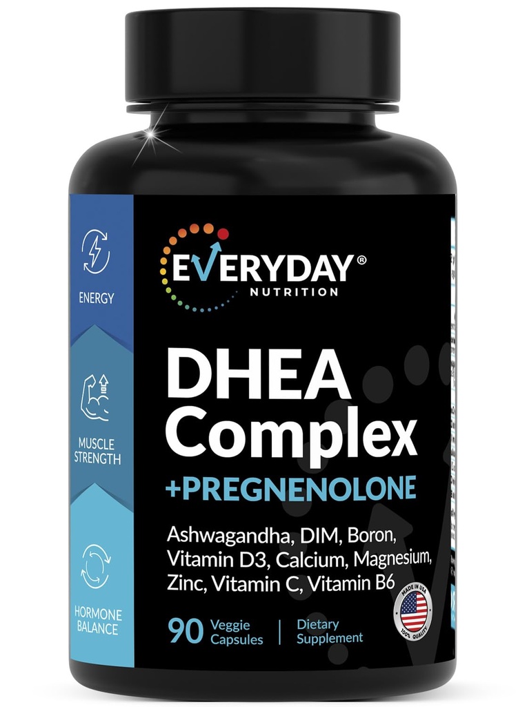 DHEA Micronized 200 מ"ג מורכב עם Pregnenolone 100 מ"ג תוספת עבור גברים ונשים עם Ashwagandha, DIM, Magnesium, Boron, Calcium , Zinc, ויטמין D3, C ו B6 תמיכה הורמונלית - Made in USA 90 קפסולות קפסולות