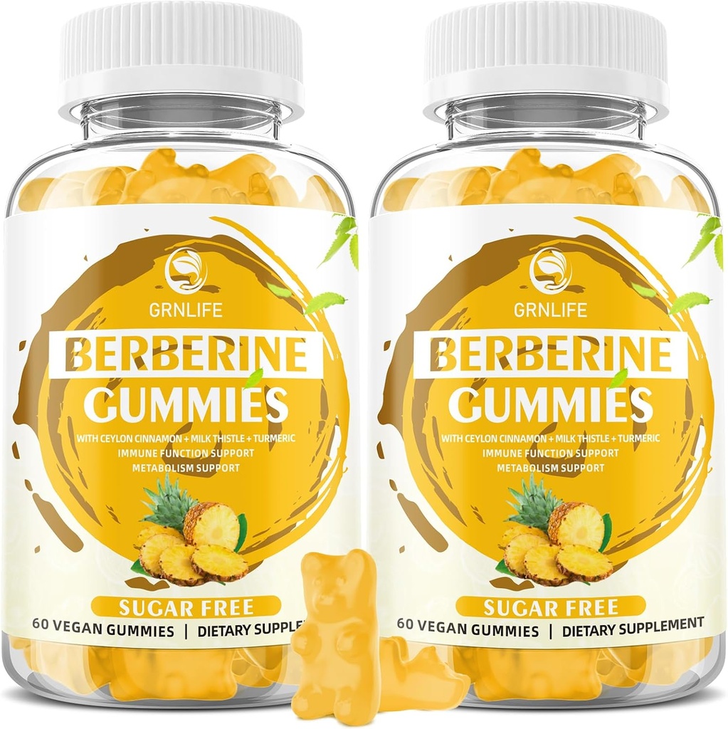 Bberine Gummies עם Ceylon Cinnamon 1500 מ"ג High Potency Berberine HCL תוספת עבור Immune ו- Metabolism תמיכה, סוכר חינם, Pineapple Flavor - 120 הרוזן ספירה