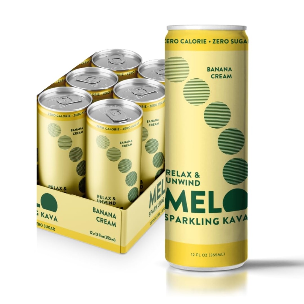 Melo Sparkling Kava Drink, בננה Cream, סוכר ללא אלכוהוליסטים עם Zero Calories, Gluten Free, Vegan, 100% Natural Mocktail עם 100mg Kava Root לשתייה, 6 Pack, 12 oz Cans