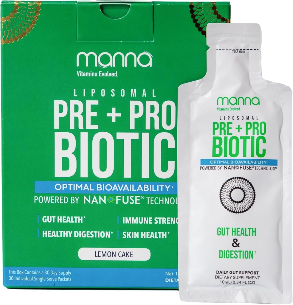 Manna ויטמינים Evolved Liposomal Prebiotic + Probiotic Packets - 40 מיליארד CFU, 8 סטרינס - Gut, Digestive, Immune Support - High Absorption, Shelf-Stable, Daily Supplement, 30 Single Serves