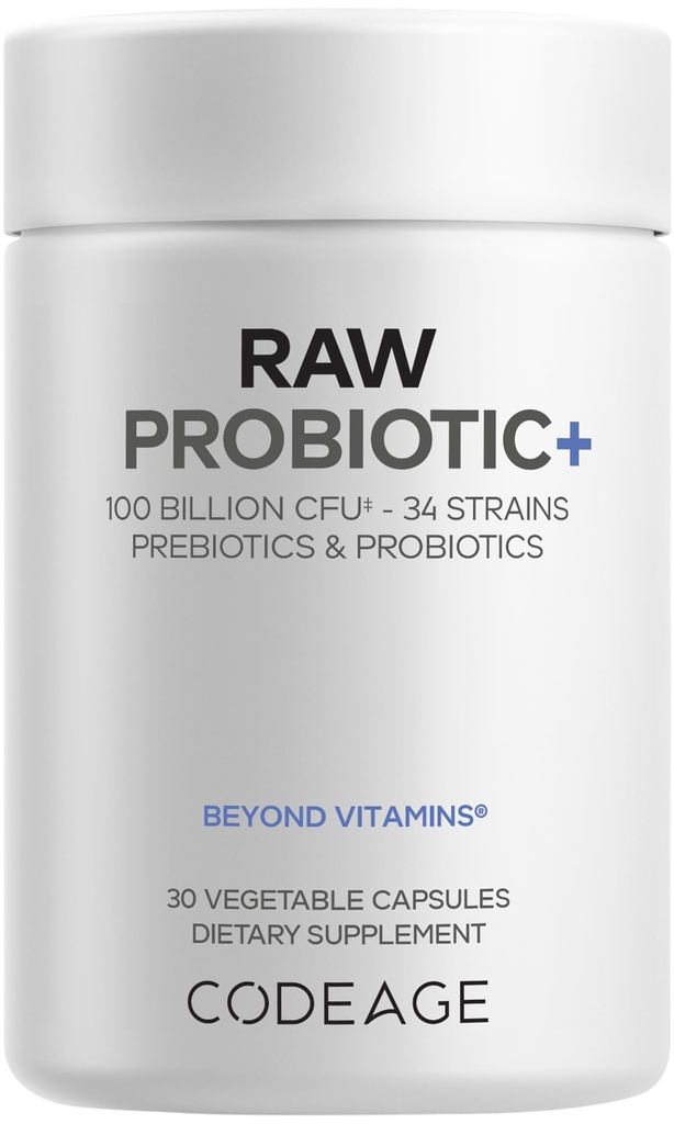 תוסף Codeage Raw Probiotic+ - 34 Probiotic Strains, 100 מיליארד CFUs, Raw Whole Food Probiotics, Digestive Enzymes, Raw Fruits & Veggies Prebiotics - Wild Keפיר Culture - Non-GMO - 30 קפסולות