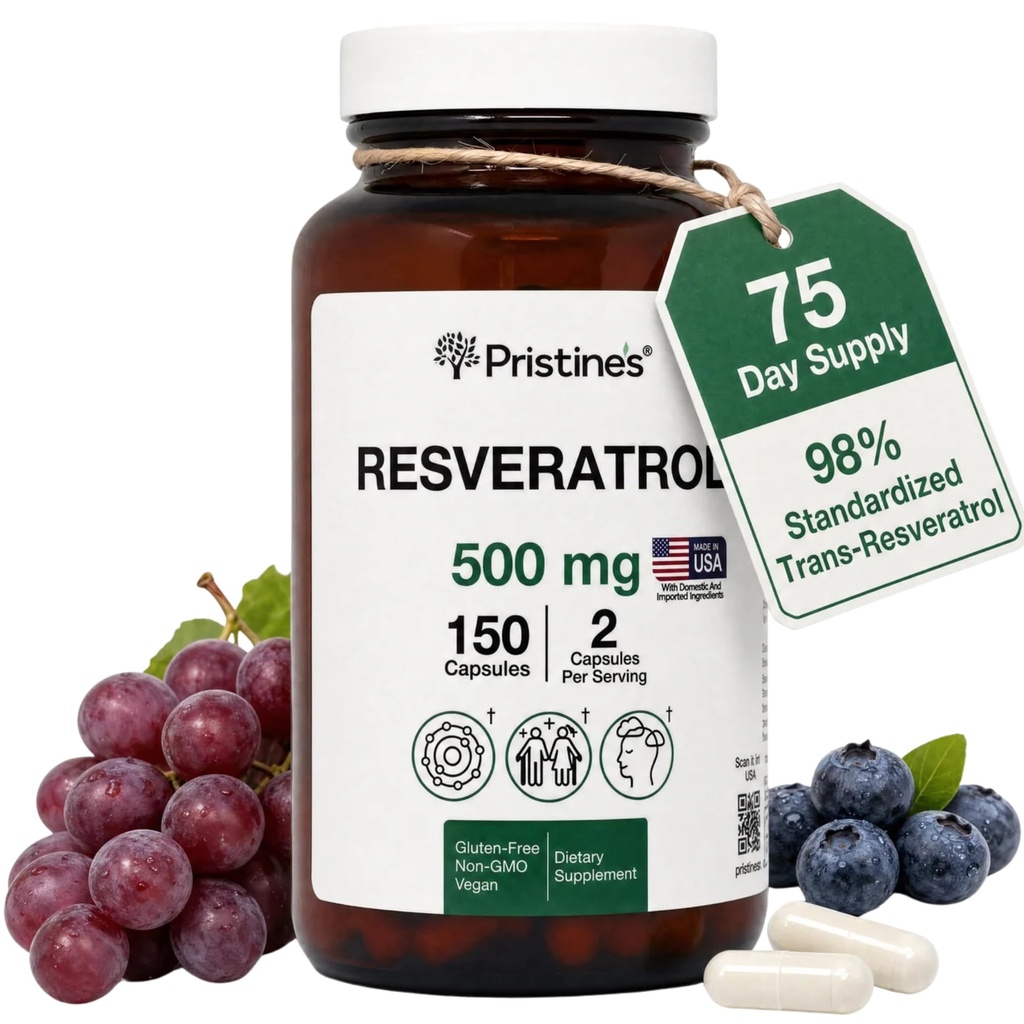 PRISTINE'S Resveratrol 500MG 75 יום לספק Anti Aging Antioxidant & Heart Health קפסולות תוסף - Brain & Lung Health היתרונות