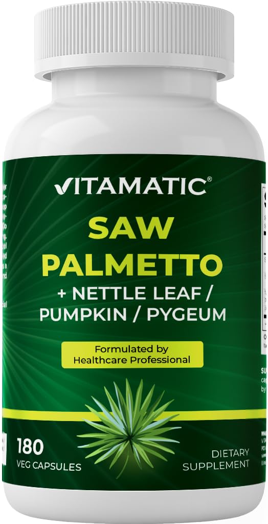 Vitamatic Saw Palmetto Extraction for Men & Women 180 Veg כמוסות - Made with Pumpkin Seed, Pygeum, Nettle Leaf - Made in the USA - מקדם פונקציונליות Prostate בריאה