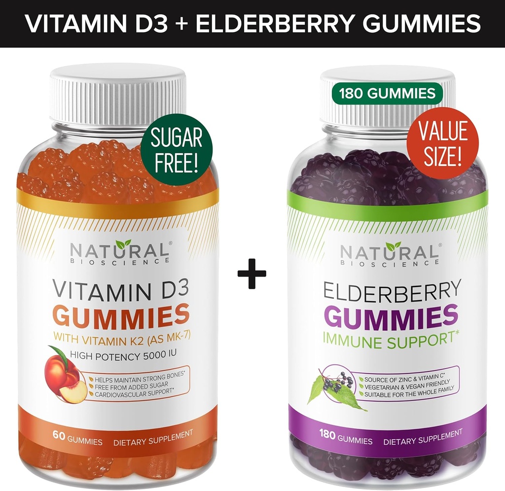 ויטמין D Gummies חינם סוכר (60 מסטיקנים) ו חניכיים ישנות (180 מסטיקנים) - Immune Support Bundle, Gelatin-Free, Gluten-Free, Vegetarian, All Natural, Great Tastingarian