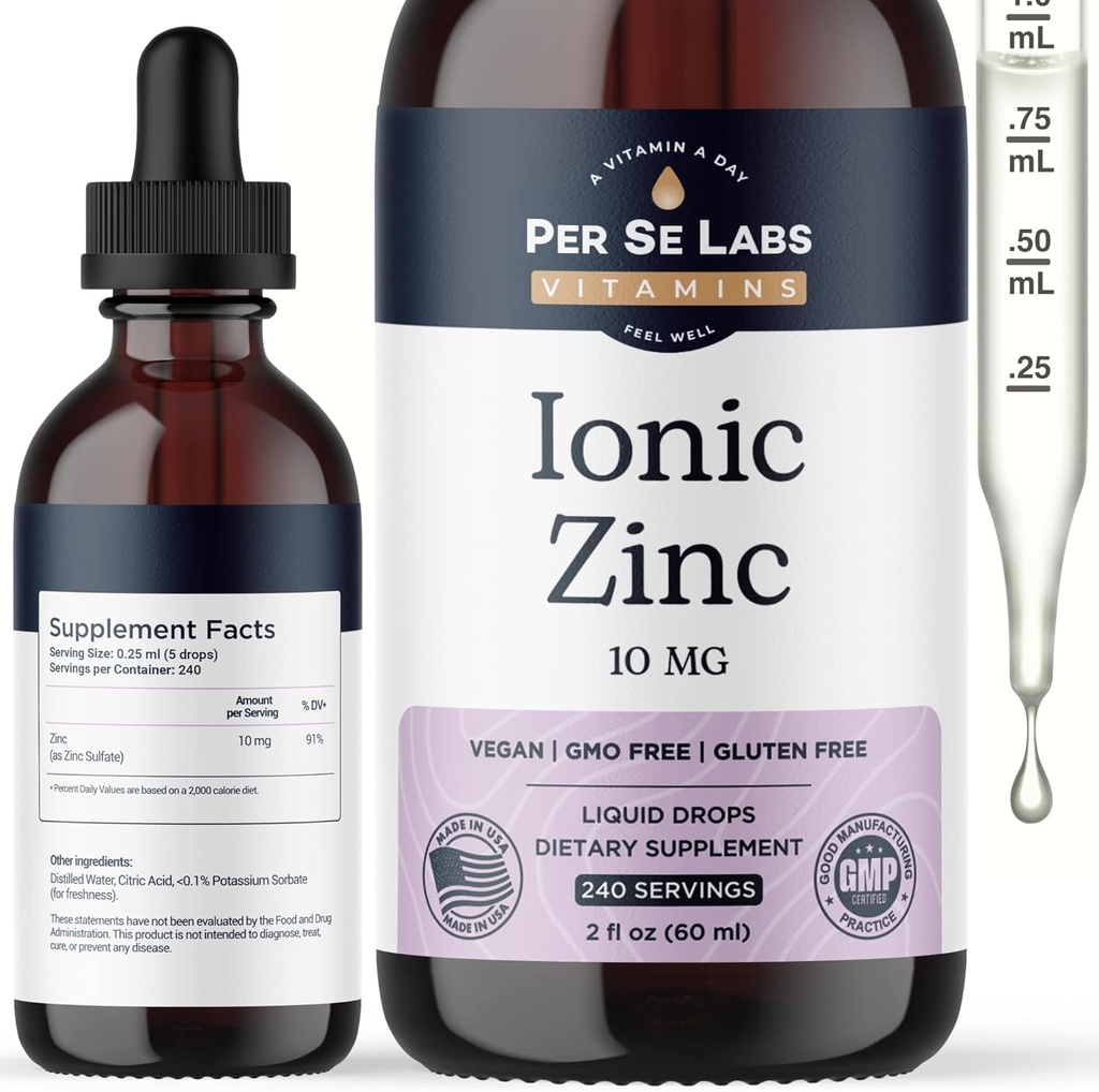 Per Se Labs Ionic Zinc נוזל - 10 מ"ג גבוה Absorption 240 משרתי נוזל Znc טיפות עבור מבוגרים - Immune תמיכה Skin Care Zincs - טבעוני Zinc Sulfate Antioxidant Dietary תוסף - 2 Oz