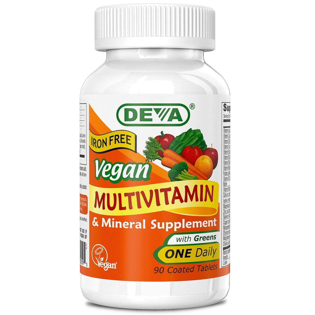 DEVA טבעוני Multivitamin ומינרל תוסף - One Daily ויטמין Formula with Greens - Iron Free - 90 טבליות coated, 1-Pack