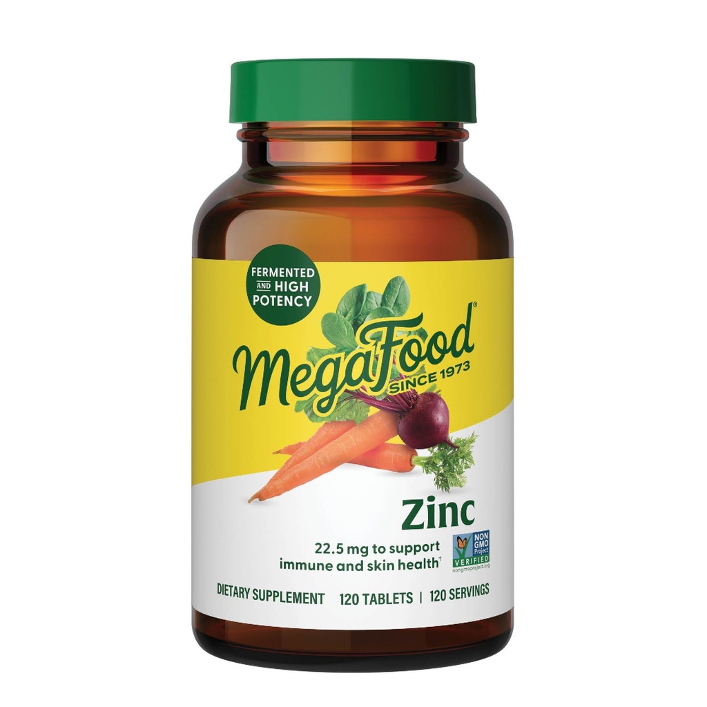 MegaFood Zinc Supplements for Women & Men - Vegan Immune Support Supplement with 22.5 mg High Potency Fermented Zinc Tablets - Made with Real Food - 120 Tablets, 120 Servings