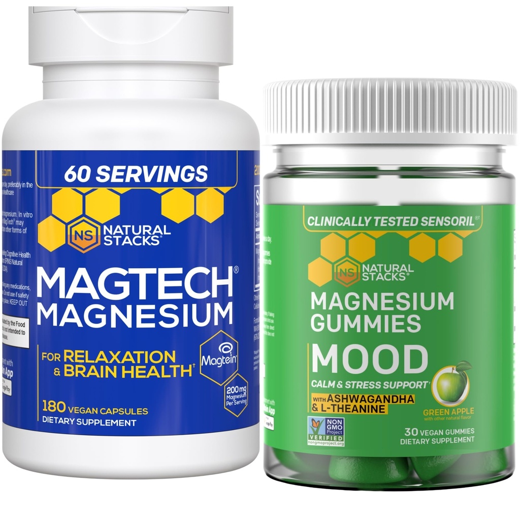 Natural Stacks Magtech Magnesium + Mood Magnesium Gummies Bundle - 4 טפסים של Magnesium - הירגעות, בריאות המוח ותמיכה מתח - 210 Totals Pieces