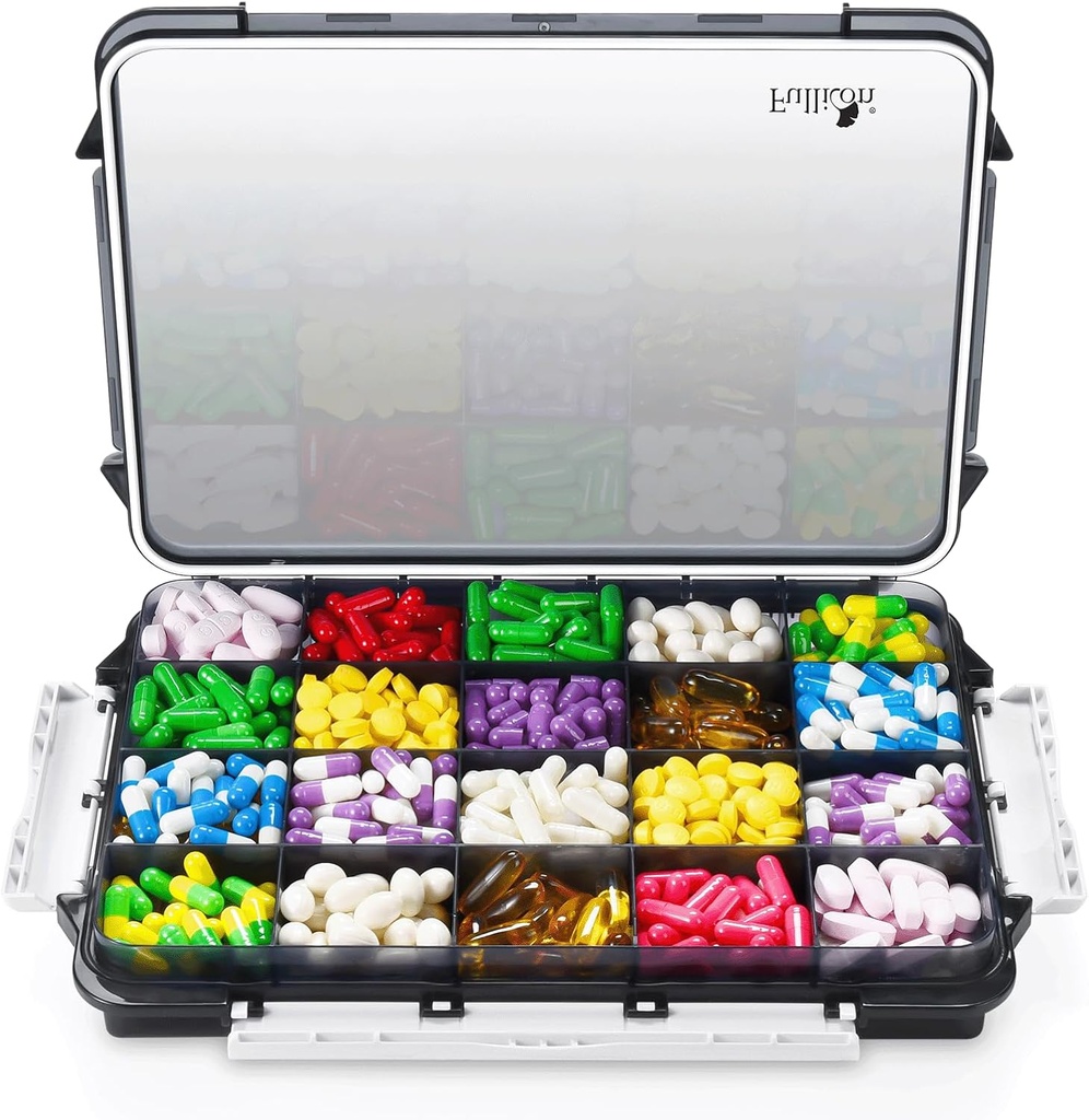 Fullicon תוספת גדולה גלולות מארגנת עם Moisture Proof עיצוב, Travel Jambo Pill Box עם 20 השוואתיות, מארגנת תוספת עבור ויטמינים עם 3 Secured Buckles (Black)