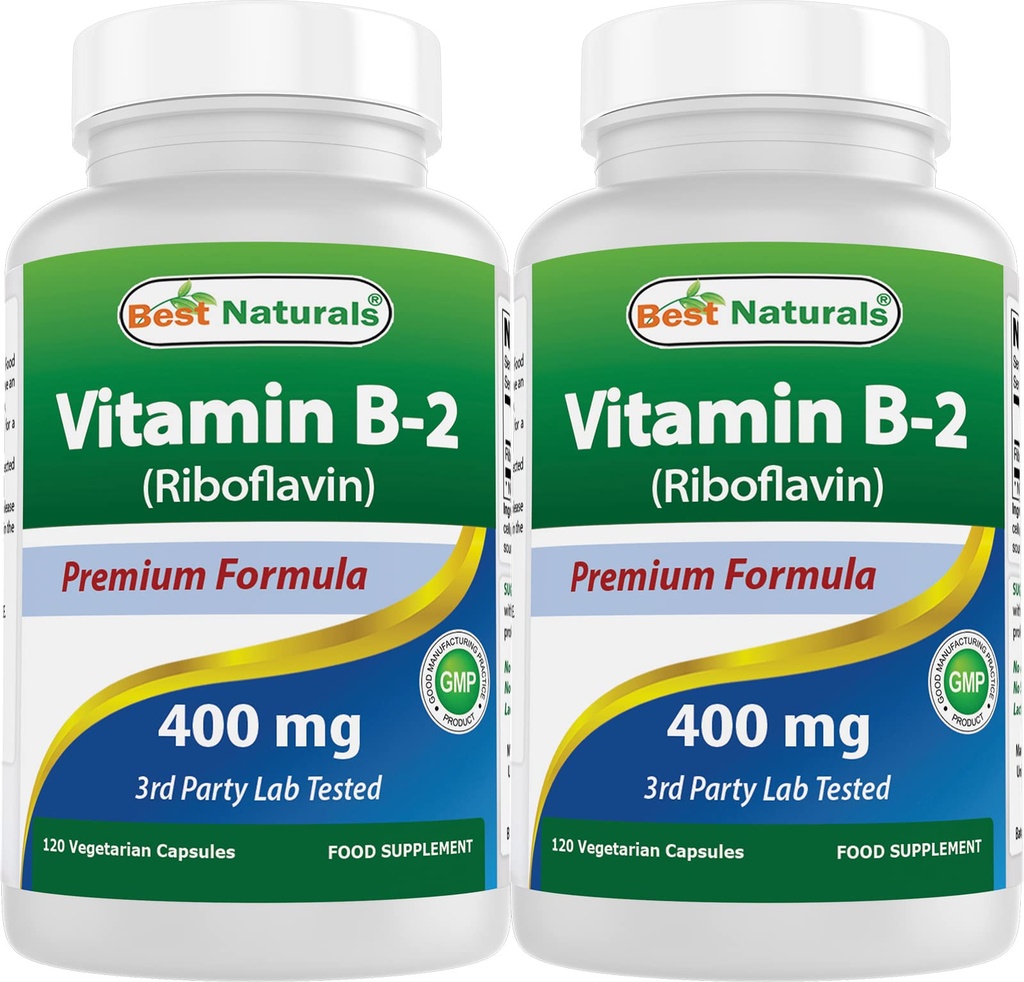 Best Naturals ויטמין B2 (Riboflavin) 400 מ"ג - Migraine Relief - Veggie קפסולות - Conezyme Precursor - 120 Count (pack of 2)