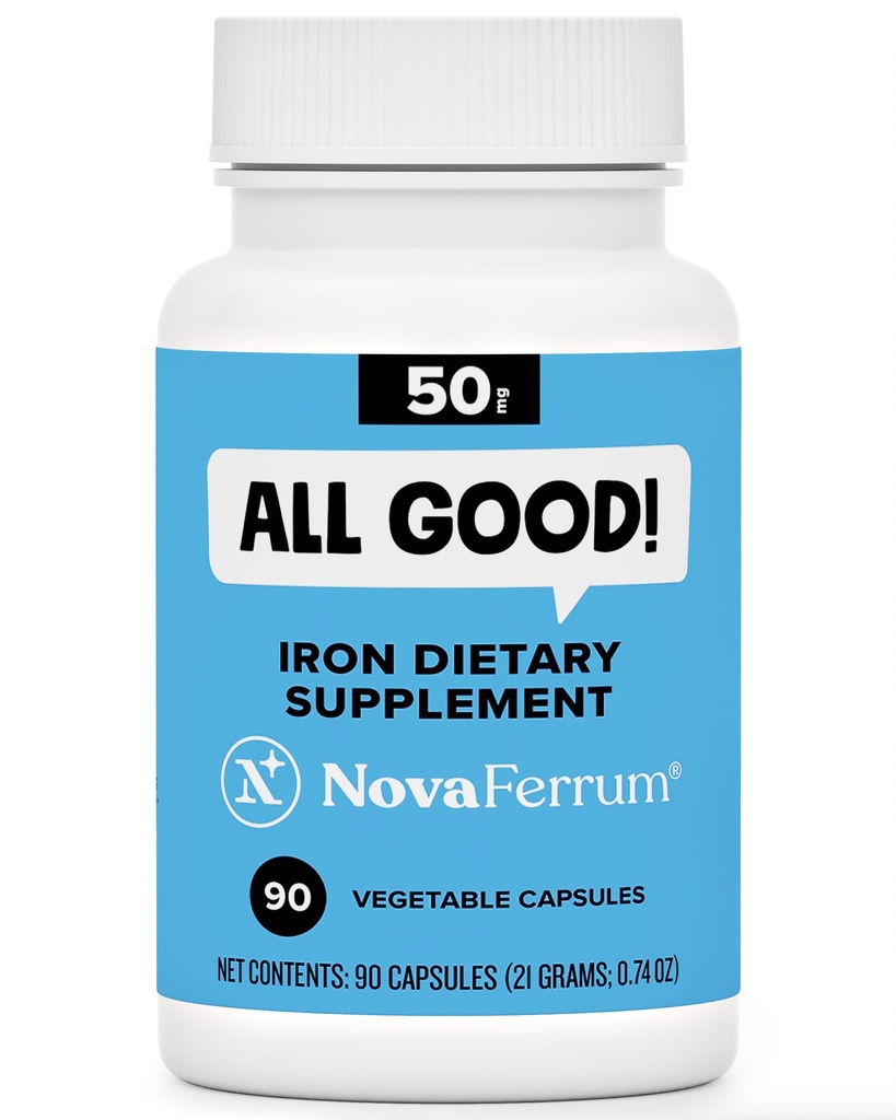 נובהFerrum All Good | Iron קפסולות למבוגרים | אנמיה | 50 מ"ג של ברזל | 90 משרתות | סוכר חינם | Gluten Free