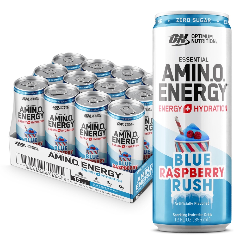 Optimum Nutrition Amino Energy Sparkling hydrotion לשתות, Electrolytes, Caffeine, Amino Acids, BCAAs, סוכר חינם, New Blue Rush, 12 Fl Oz, 12 Pack (Packaging May Vary)