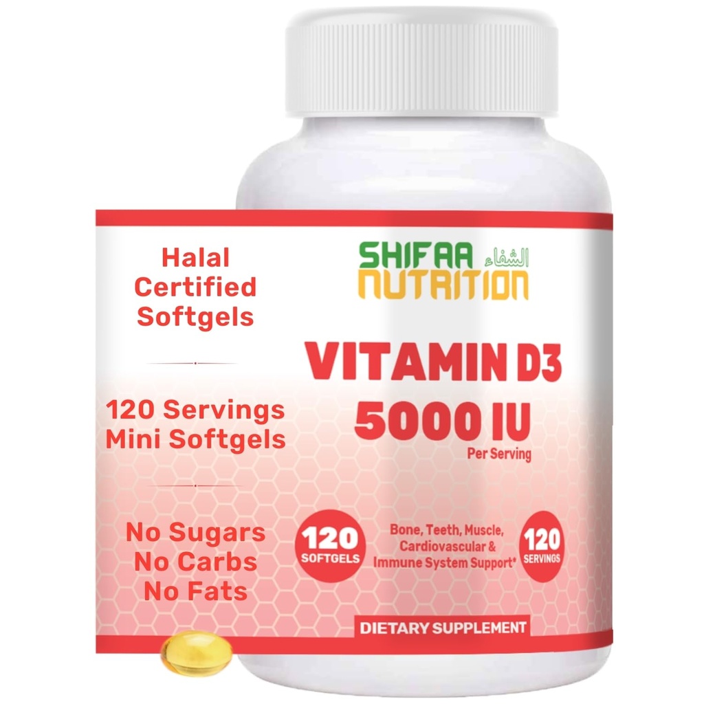 SHIFAA NUTRITION Halal ויטמין D3, 5000 IU Softgels, 120 משרתים. Non-GMO, Gluten-Free, תומך: מבנה, עצמות, שיניים, לב, שריר ותפקודי החיסון