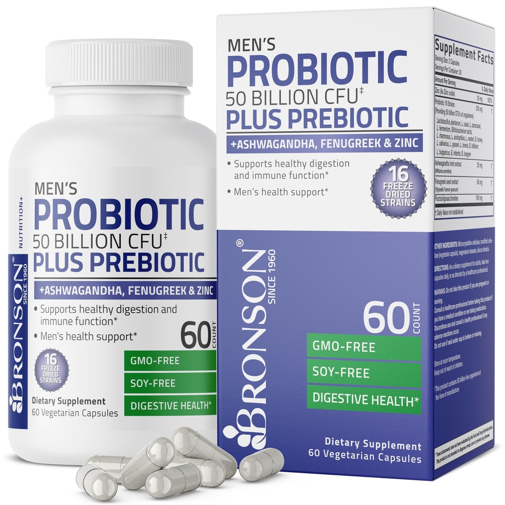 Bronson Men's Proביוטיקה 50 מיליארד CFU Plus Prebiotic עם Ashwagandha, Fenugreek & Zinc, תומך בריא Digestion & Immune פונקציונלי non-GMO, 60 קפסולות צמחוניות