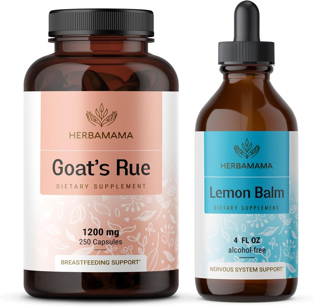 HerBAMAMAt's Rue & Lemon Balm Kit - Bundle של 1200 מ"ג של Goat's Rue קפסולות & Lemon Balm נוזל טיפות 4 oz - טבעוני, non-GMO, סוכר ואלכוהול חינם - 2 Pack