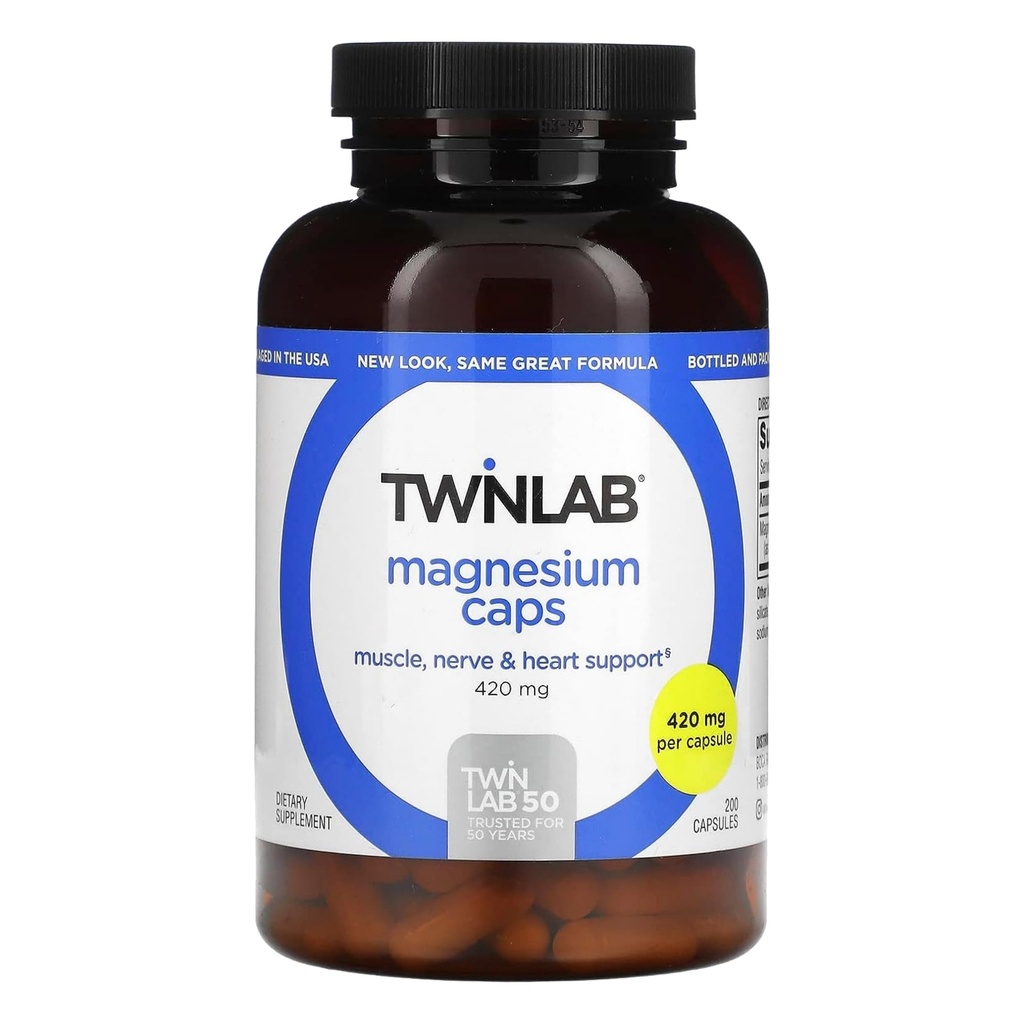 Twinlab Magnesium Caps - High Absorption Magnesium תוסף לתמיכה ב- Cramps הקלה - מגנזיום קפסולות עבור הקלה מתח, 420 מ"ג, 200 Count, 1 Pack