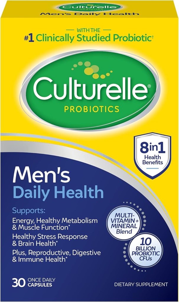 Culturelle Daily Health 8-in-1 Probiotic ו- Multivitamin for Men - 30 Count - באופן טבעי מקור Probiotics for Digestive Health & Immune Support, with Magnesium, ויטמין D3, ויטמין C, ויטמין B12