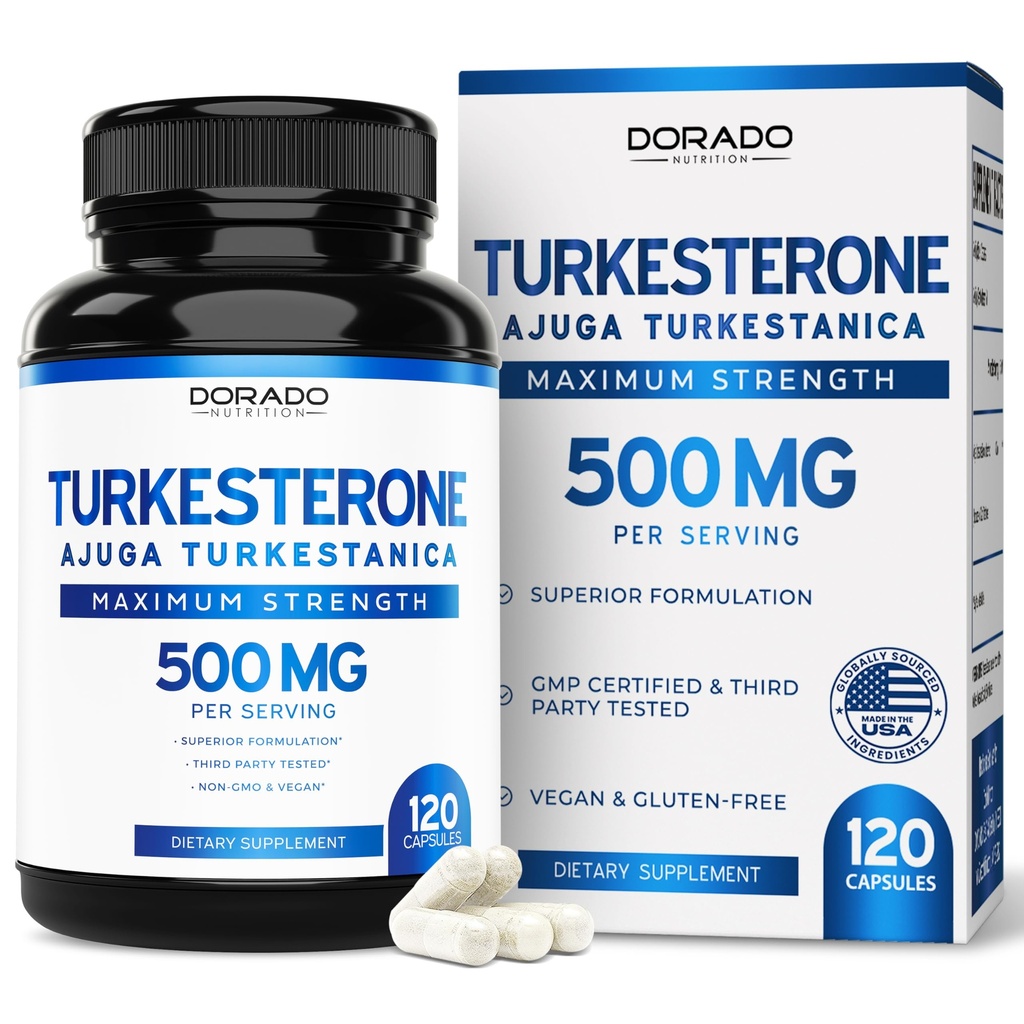 Turkesterone תוסף 500 מ"ג (120 קפסולות) - Stamina, Drive, אתלטיקה Performance & השרירים Mass - (Ajuga Turkestanica Std. to 10% Turkesterone) (Similar to Ecdysterone) - Non-GMO & Vegan כמוסות טבעוניות