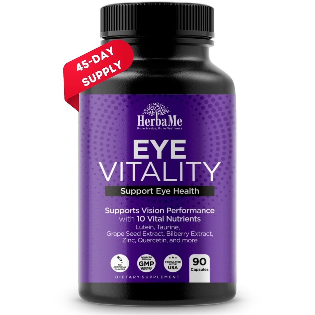 HerbaMe עין ויטמינים תוספת עם Lutein, Bilberry, Beta Carotene, L-Taurine, Zinc ו Quercetin, 90 קפסולות, תמיכה חזון, Ocular ו- Macular Health, מסייע לפילטר עיניים אור כחול