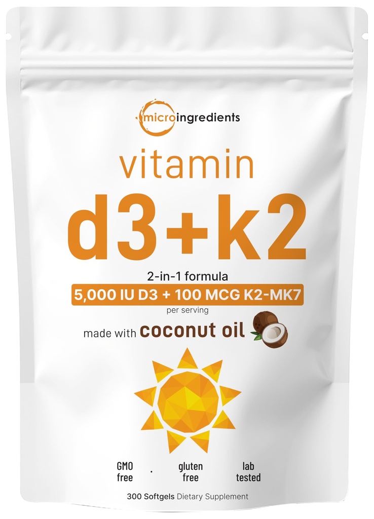 Micro Ingredients ויטמין D35,000 IU + K2 MK 7 100 mcg, 300 Softgels | שמן קוקוס בתולה | 2in-1 העצם, Immune & Heart Support