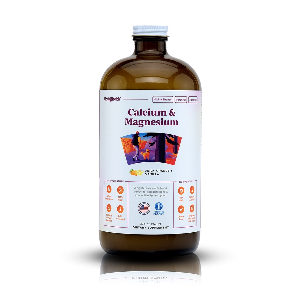 LIQUIDHEALTH Calcium & Magnesium למבוגרים ויטמין תוסף - Bone, Joint, השרירים, Connective Tissue Support, Heart Health, Essential Foodsents - Made in the USA, Vegan, non GMO, No Sugar (32 oz)