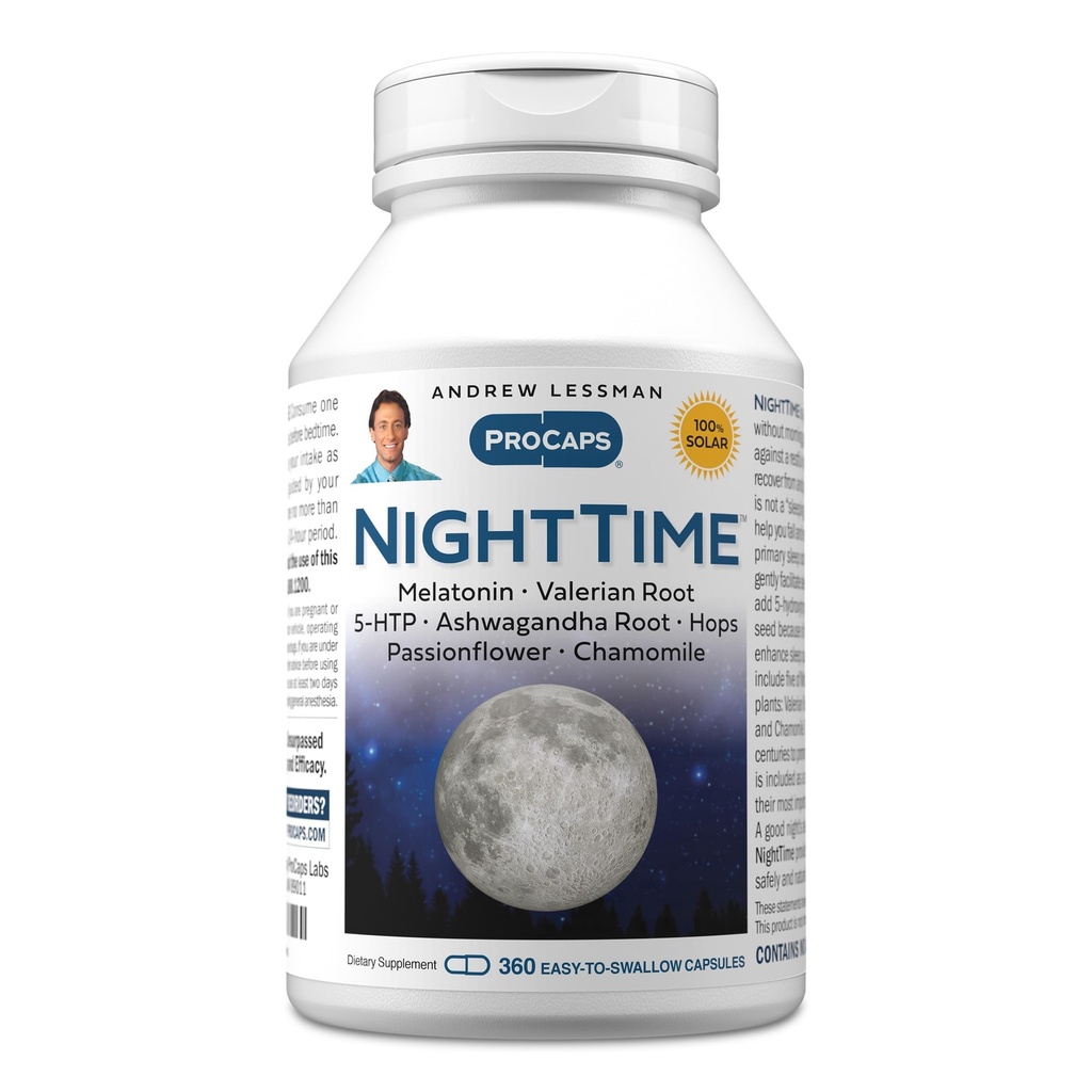 AndREW LESSMAN Night 360 קפסולות - 3 מ"ג מלטונין, ולריאן, Ashwagandha, Passionflower, Hops, Chamomile. שום בוקר לא גובר. תמיכה טבעית, שינה שקטה. Easy to Swallow קפסולות